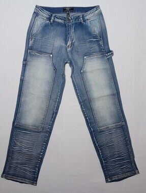 Forever 21 Mens Faded Double Knee Carpenter Jeans 32X32 Light Wash Denim Whisker